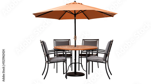 Outdoor patio set with umbrella and chairs on black background