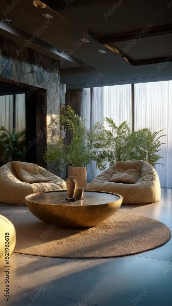 Modern living room with neutral tones, featuring potted plants, comfortable beanbag chairs, and a metallic bowl-shaped coffee table Modern living room with neutral tones, featuring potted plants, comfortable beanbag chairs, and a metallic bowl-shaped coffee table