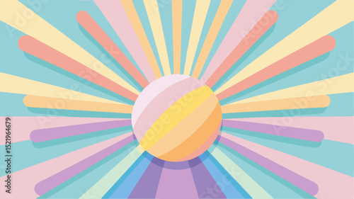 A vibrant and cheerful abstract background featuring a striped pastel sphere at its center, emitting radiating light rays in various soft colors against a blue backdrop, evoking a sunny or celebratory
