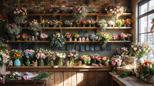 Flower Shop Interior with Bouquets on Shelves