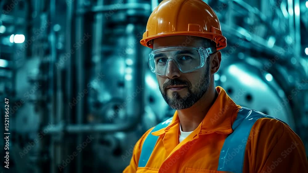 Confident industrial worker in safety gear standing inside a modern factory Confident industrial worker in safety gear standing inside a modern factory