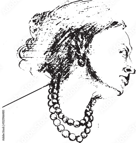A black and white sketch of a woman's head in profile, adorned with a pearl necklace, rendered in a vintage or classical hand-drawn style.