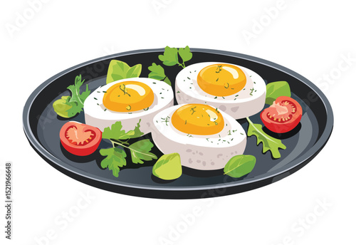 Boiled Eggs with Fresh Herbs - Vector Illustration