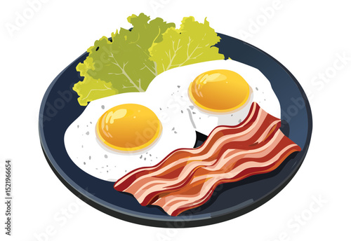 Fried Eggs with Bacon and Salad - Vector Illustration