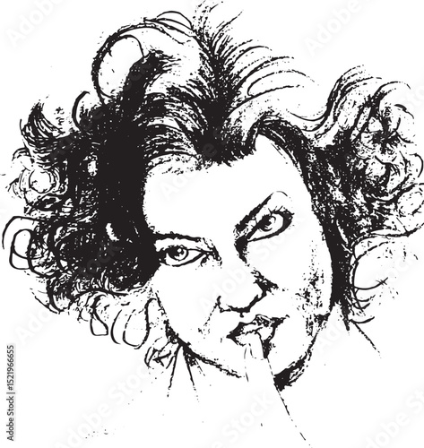 A dramatic black and white sketch of a woman with voluminous curly hair and a finger on her lips, conveying a sense of mystery or secrecy