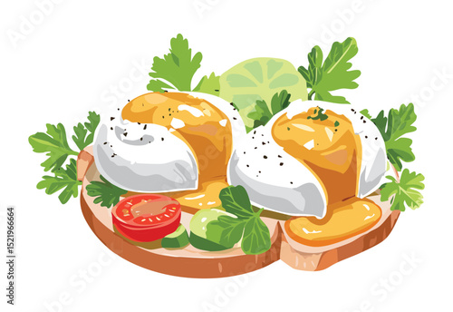 Poached Eggs with Hollandaise Sauce - Vector Illustration