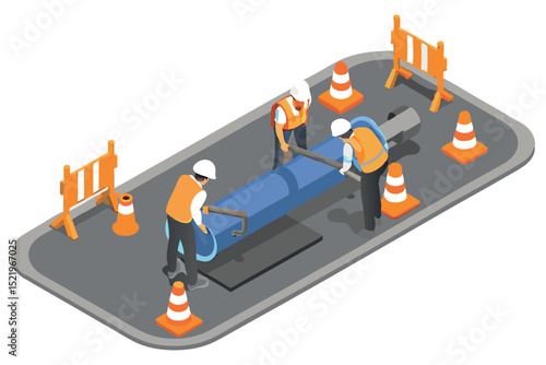 A team of utility workers repairs an underground water pipeline under a city road, with safety cones and specialized tools in an isometric cartoon.