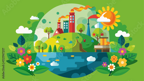 
A vibrant flat design illustration depicting a sustainable ecosystem with factories coexisting with nature, featuring lush green hills, trees, flowers, a body of water, and a bright sun.