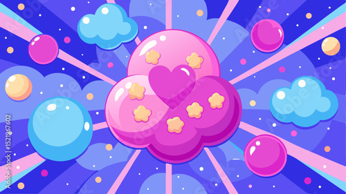  whimsical and vibrant cartoon illustration featuring a large pink cloud cluster with a heart and stars, surrounded by floating bubbles, smaller clouds, and scattered stars on a dynamic