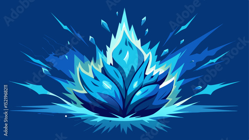 A stylized blue and white illustration of an icy burst or explosion, resembling frozen petals or a sharp, crystalline growth, with radiating shards and splashes on a dark blue background.