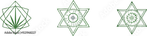 Three distinct geometric symbols in green, featuring nature and cosmology themes.
