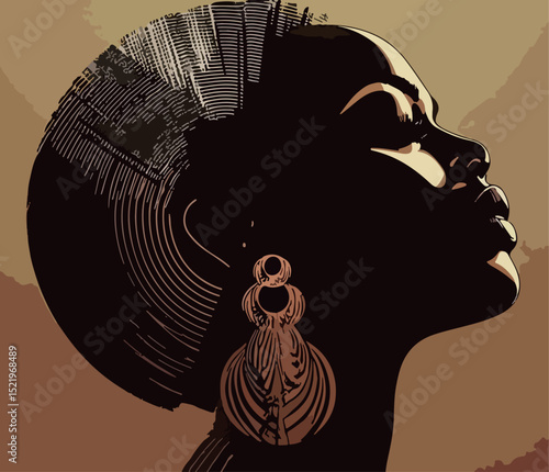 Elegant profile of a Black woman with striking earrings and artistic hair design.