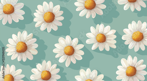 Cheerful daisies on a soft mint green background in a vibrant floral pattern.