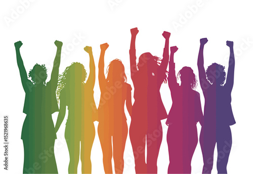 Group of diverse women raising fists in solidarity, showcasing empowerment and unity.