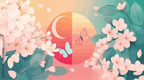A serene scene with pastel flowers, a moon, and butterflies, evoking tranquility and beauty.