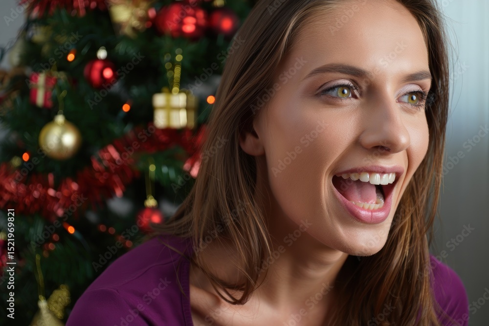 young woman smiling joyfully near decorated Christmas tree with red and gold ornaments and wrapped gifts young woman smiling joyfully near decorated Christmas tree with red and gold ornaments and wrapped gifts