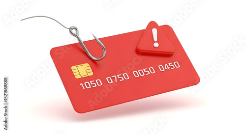 Cybersecurity threat with phishing hook, credit card, and smartphone alert icon on white background