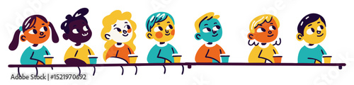 A diverse group of six cheerful cartoon children, each with distinct features and colorful clothes, sitting at a long table with cups, against a white background.