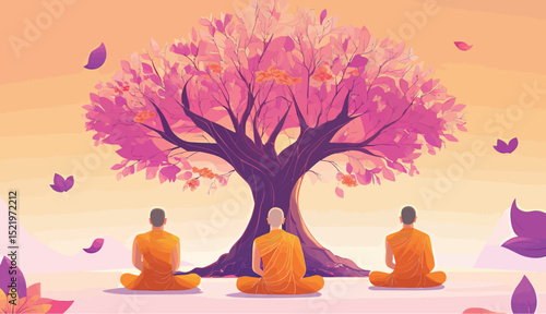 Three monks meditating under a vibrant pink tree at sunset.