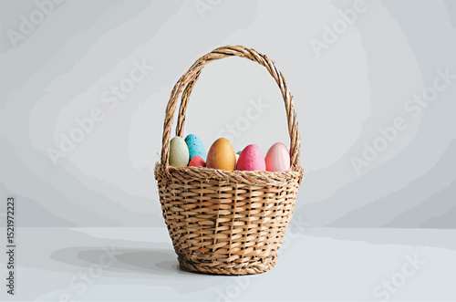 Colorful Easter eggs in a straw basket against a light background.