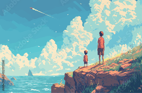 Two boys, one small and one taller, gaze at the ocean under a bright blue sky.