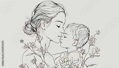Tender moment between a mother and child, illustrated with delicate floral accents.