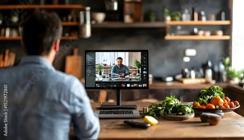 Person watches online cooking demonstration in a kitchen.