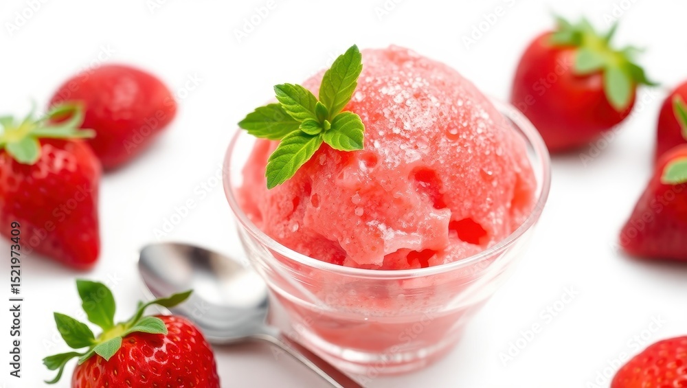 Fresh strawberry sorbet served in a bowl with mint garnish. Fresh strawberry sorbet served in a bowl with mint garnish.