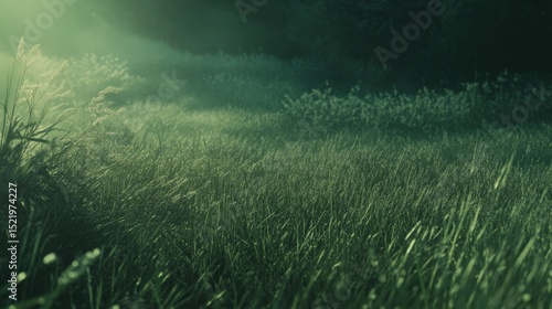 A verdant meadow bathed in soft light and atmospheric mist