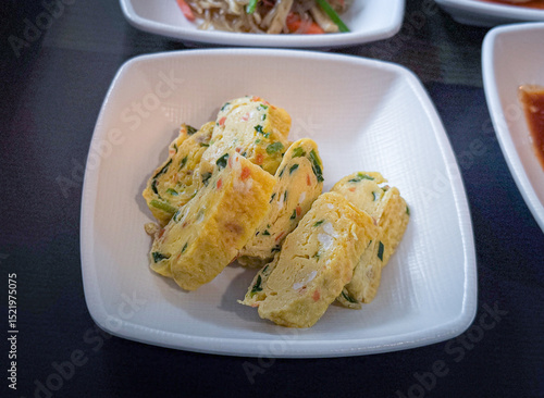 rolled omelette, korean side dishes, close up