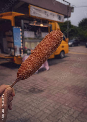 korean style hot dog, held in hand, with a snack truck in background