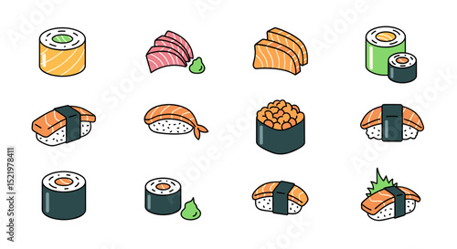 Isometric illustration showing various types of sushi and sashimi with wasabi on a white background