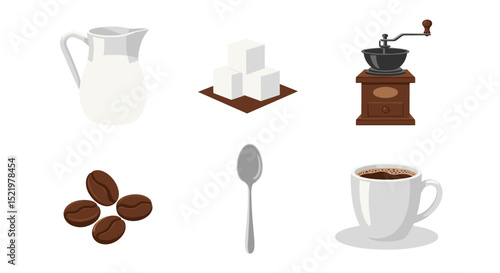 Illustration of coffee preparation elements including milk, sugar, grinder, and coffee beans