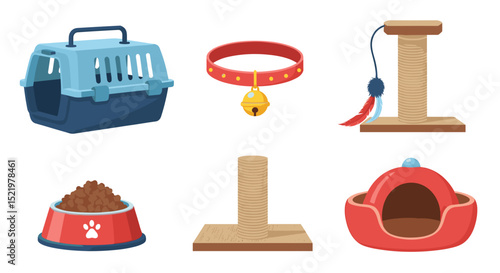 Illustration showing a pet carrier, collar, scratching posts, food bowl and pet bed for a cat or dog