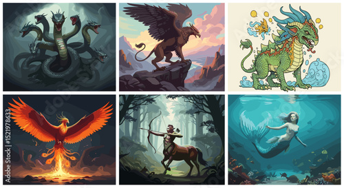 A collection of mythical creatures including hydra griffin dragon phoenix centaur and mermaid images