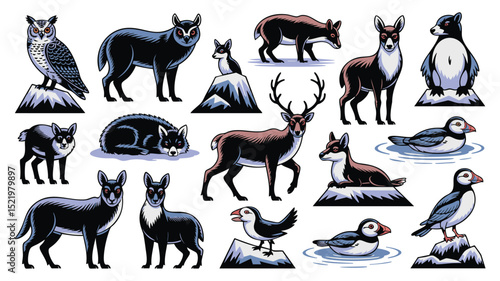 Arctic Wildlife Pixel Art: Collection of Polar Animals - Digital Design Elements