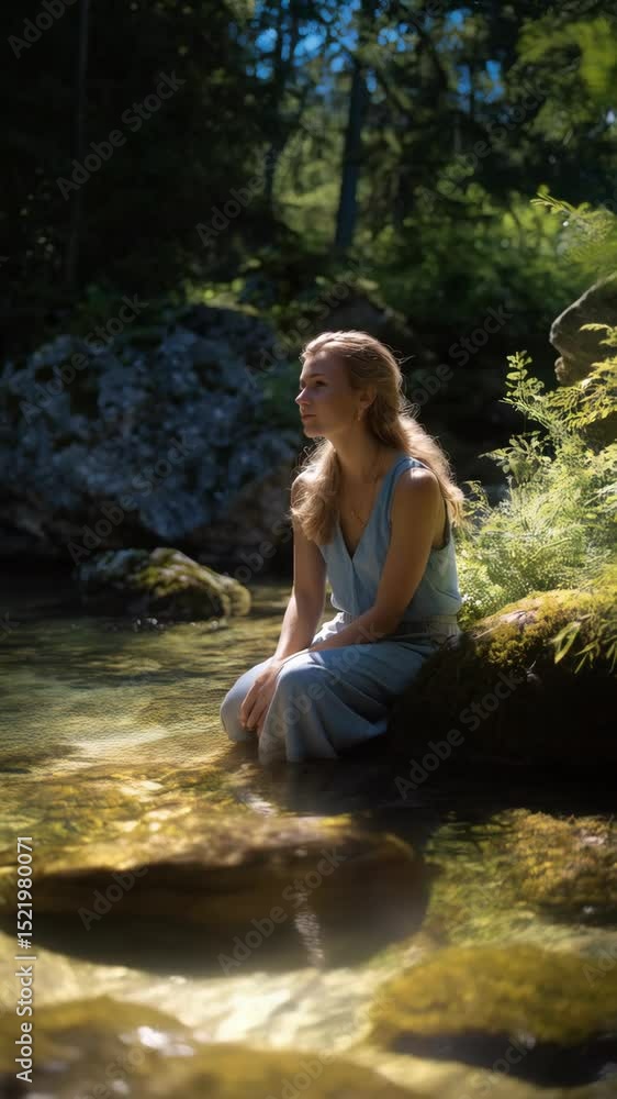 Woman in blue dress sitting by clear stream in a sunlit forest surrounded by rocks and trees looking thoughtfully Woman in blue dress sitting by clear stream in a sunlit forest surrounded by rocks and trees looking thoughtfully