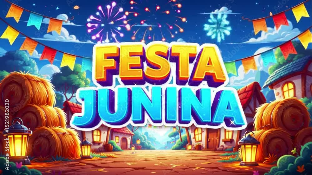 Celebração festiva de Festa Junina com fogos de artifício e bandeirinhas
