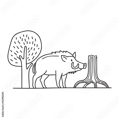 A boar with short tusks near tree roots, sniffing around