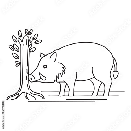 A boar with short tusks sniffing near tree roots