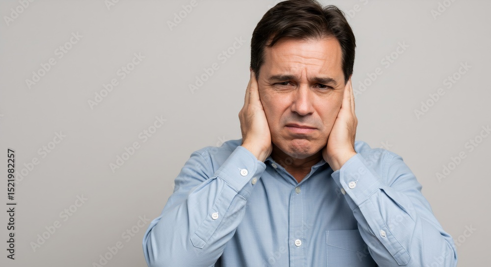 A man covering his ears with hands, experiencing headache or sensitivity to noise. Health problem and stress concept for medical advertisement. A man covering his ears with hands, experiencing headache or sensitivity to noise. Health problem and stress concept for medical advertisement.