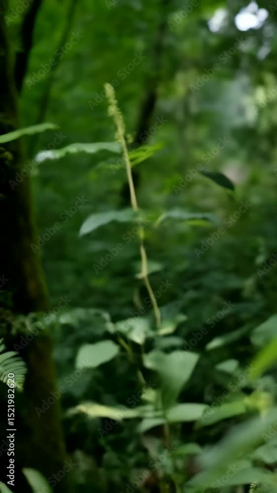 Delicate flowering plant with white buds on a slender stem, set against a soft, blurred green foliage backdrop showcasing nature's quiet beauty Delicate flowering plant with white buds on a slender stem, set against a soft, blurred green foliage backdrop showcasing nature's quiet beauty