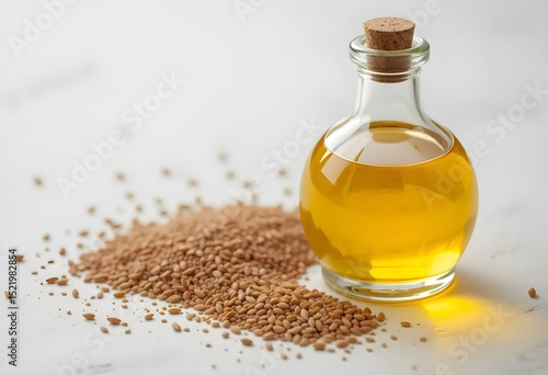 Flaxseed oil in a vintage-style glass bottle, golden liquid glowing in light, next to scattered flaxseeds on white background, commercial close-up.

