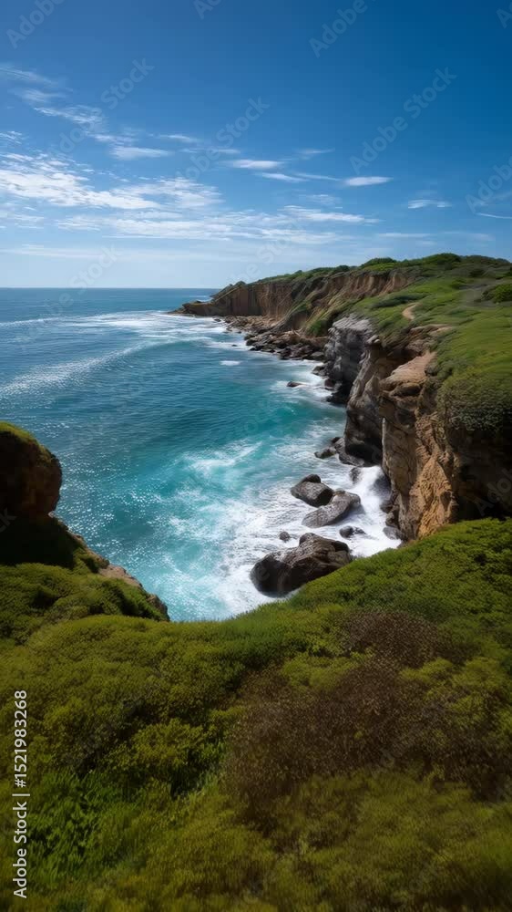 Ocean waves crashing against rocky cliffs under a blue sky with green foliage, coastal scenic landscape. Ocean waves crashing against rocky cliffs under a blue sky with green foliage, coastal scenic landscape.