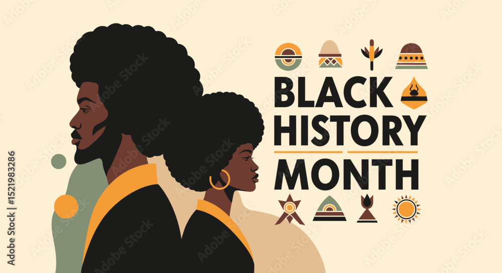 Naklejka premium Black History Month Poster – African American Women Illustration with Cultural Symbols