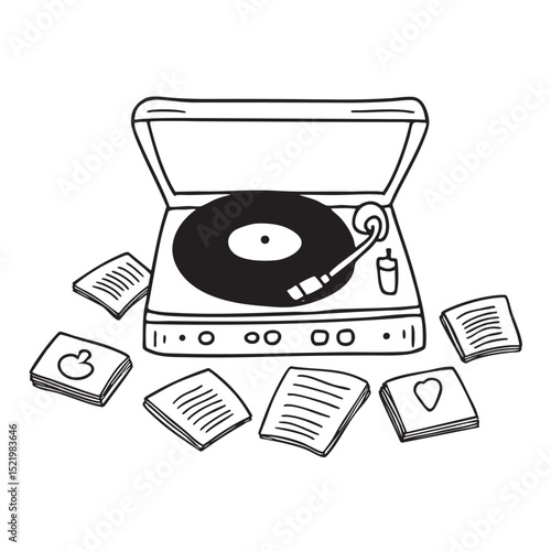 A turntable on the floor beside scattered records