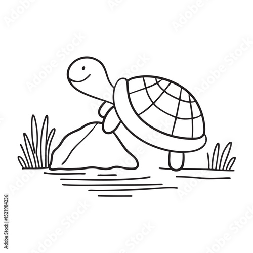 A turtle scaling a rock by the edge of a pond