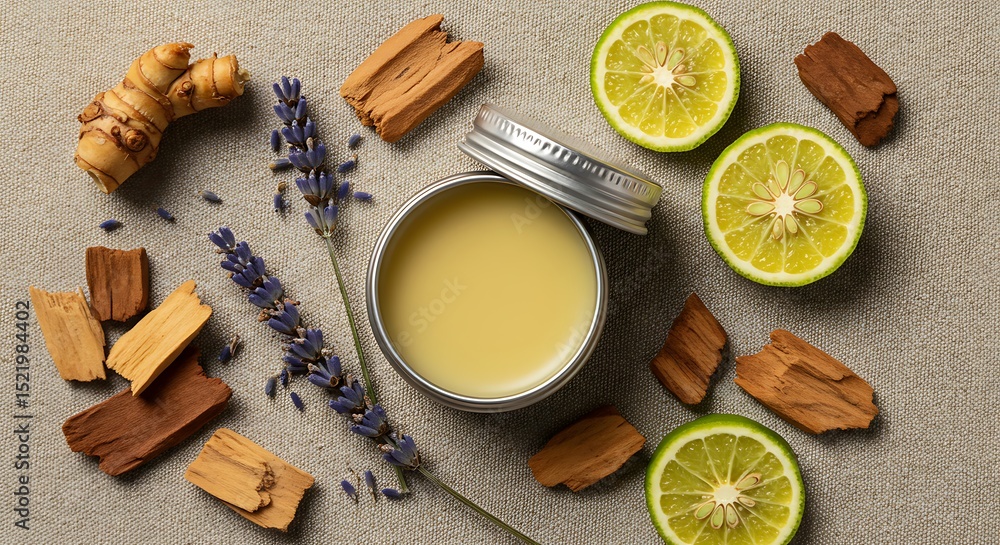 Aromatic Arrangement of Citrus, Lavender, and Cedarwood on Neutral Fabric Surface variation 4 Aromatic Arrangement of Citrus, Lavender, and Cedarwood on Neutral Fabric Surface variation 4