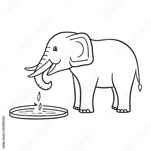 A young elephant standing near a water pool with uneven tusks
