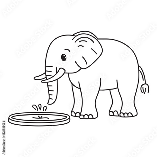 A young elephant with uneven tusks beside a water pool
